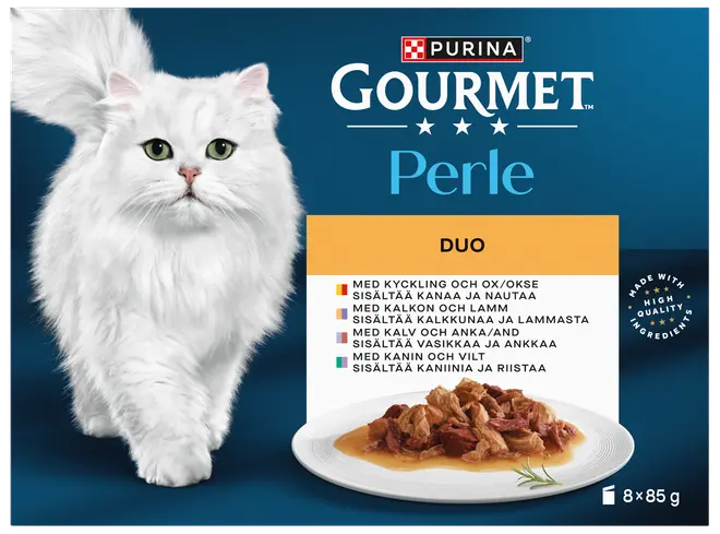Purina Gourmet Perle Duo kattmat, 8x85g förpackningar. Blandade köttsmaker i sås, högkvalitativa ingredienser. Förpackningen visar en vit katt och en tallrik med mat.