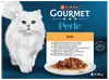 Purina Gourmet Perle Juicy Mini Fillets kattmat, 8 x 85g, blandade smaker: nötkött, kyckling, kanin, lax. Blå förpackning med vit katt.