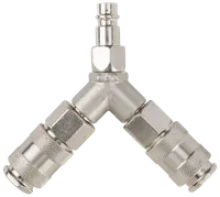 Y-formet luftslangefordeler i metal med to lynkoblinger og én hanforbindelse, designet til at opdele trykluft mellem to værktøjer eller enheder.