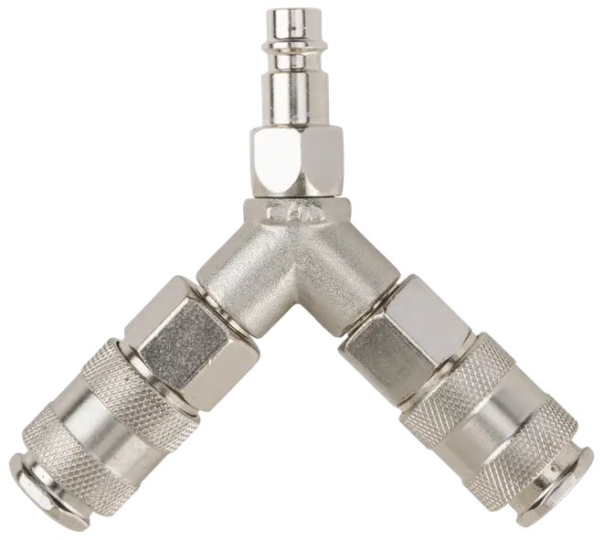 Y-formet luftslangefordeler i metal med to lynkoblinger og én hanforbindelse, designet til at opdele trykluft mellem to værktøjer eller enheder.