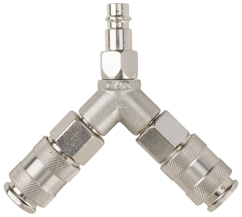 Y-formet luftslangefordeler i metal med to lynkoblinger og én hanforbindelse, designet til at opdele trykluft mellem to værktøjer eller enheder.