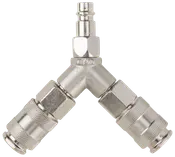 Y-formet luftslangefordeler i metal med to lynkoblinger og én hanforbindelse, designet til at opdele trykluft mellem to værktøjer eller enheder.