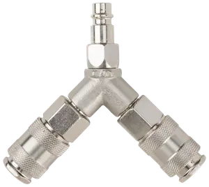 Y-formet luftslangefordeler i metal med to lynkoblinger og én hanforbindelse, designet til at opdele trykluft mellem to værktøjer eller enheder.