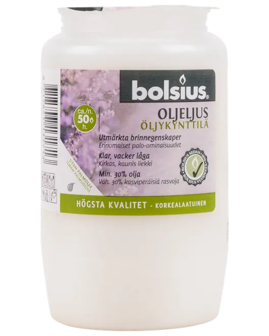 Vitt Bolsius oljeljus i plastbehållare, cirka 50 timmars brinntid, tydlig etikett med produktinformation, passar för långvarig användning, innehåller minst 30% vegetabilisk olja.