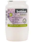 Hvid Bolsius olielys i plastbeholder, cirka 50 timers brændetid, tydelig etiket med produktinformation, velegnet til langvarig brug, indeholder mindst 30% plantebaseret olie.