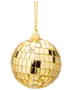 Guld diskokugle ornament med reflekterende firkantede spejlfliser, kugleformet og med guldsnor til ophæng. Perfekt til festlig dekoration og giver et glamourøst udtryk.