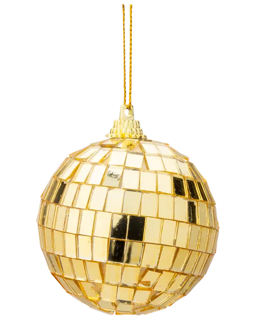 Guld diskokugle ornament med reflekterende firkantede spejlfliser, kugleformet og med guldsnor til ophæng. Perfekt til festlig dekoration og giver et glamourøst udtryk.