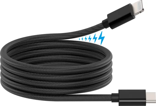 Sort flettet USB-C til Lightning opladerkabel, slidstærkt design, modstandsdygtigt over for sammenfiltring, egnet til hurtig opladning og dataoverførsel. Forstærkede stik for ekstra holdbarhed.