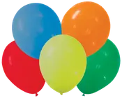 Sæt med fem latexballoner i rød, blå, gul, orange og grøn. Ballonerne er runde, blanke og velegnede til fester eller fejringer. Leveres uoppustede.