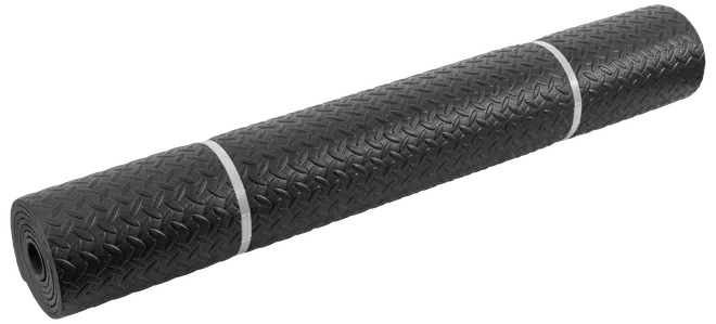 Sort gummimåtte med diamantmønster, rullet sammen og fastgjort med to hvide bånd. Skridsikker og slidstærk, velegnet til fitness, værksteder eller industrigulve.
