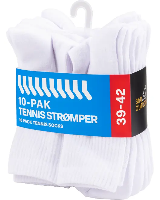 10-pak hvide tennisstrømper, størrelse 39-42, lavet af blødt, ribbet stof. Hver strømpe er ankellang, velegnet til sport eller hverdag. Leveres med blå og rød etiket.