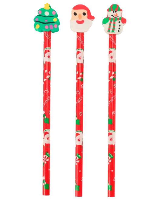 Set med tre röda pennor med suddgummin i jultema: julgran, jultomte och snögubbe. Pennorna har festliga tryck med tomtar, järnek och polkagrisar.