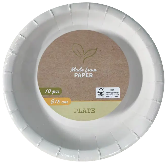 Pakke med 10 hvide papirtallerkener, 18 cm i diameter, lavet af papir, FSC-certificeret.