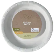 Pakke med 10 hvide papirtallerkener, 18 cm i diameter, lavet af papir, FSC-certificeret.