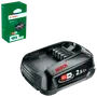 Bosch 18V 2.5Ah lithium-ion batteri med oplader. Sort, kompakt design, passer til elværktøj. Inkluderer detailæske med produktinformation og kompatibilitet.