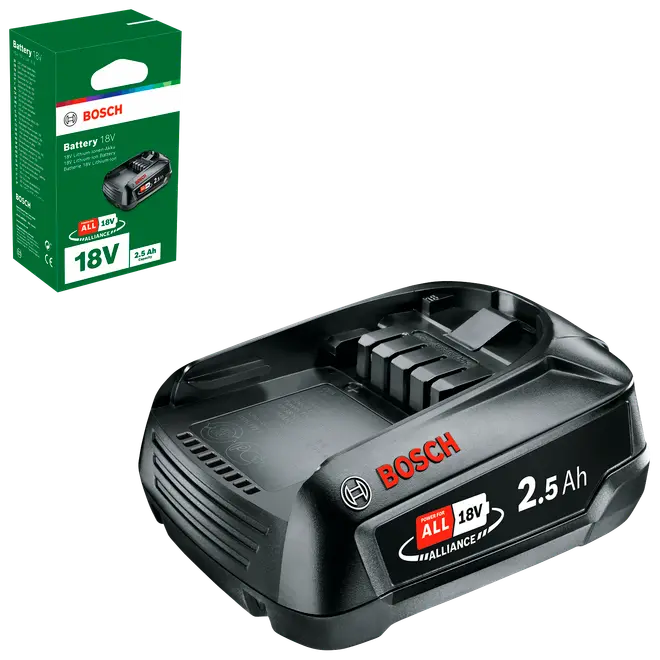 Bosch 18V 2.5Ah lithium-ion batteri med oplader. Sort, kompakt design, passer til elværktøj. Inkluderer detailæske med produktinformation og kompatibilitet.