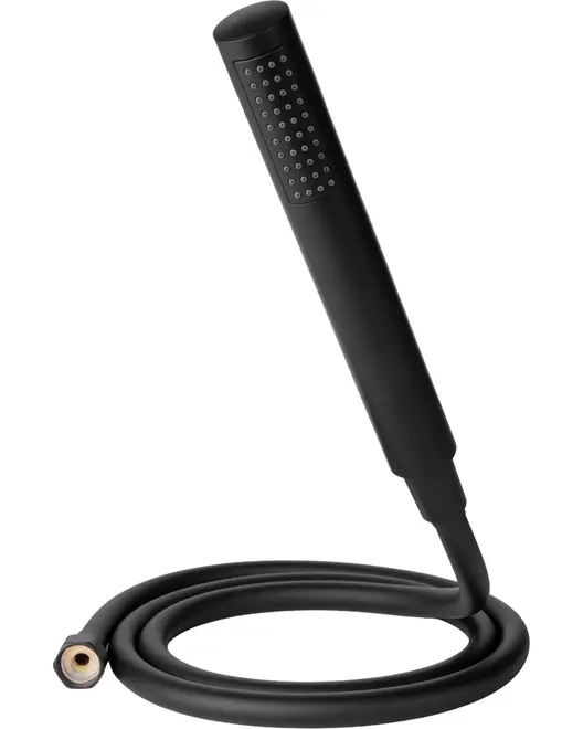 Slankt sort håndbruser med mat finish, rektangulært brusehoved med flere dyser. Leveres med fleksibel sort slange og metalforbindelse for nem montering.