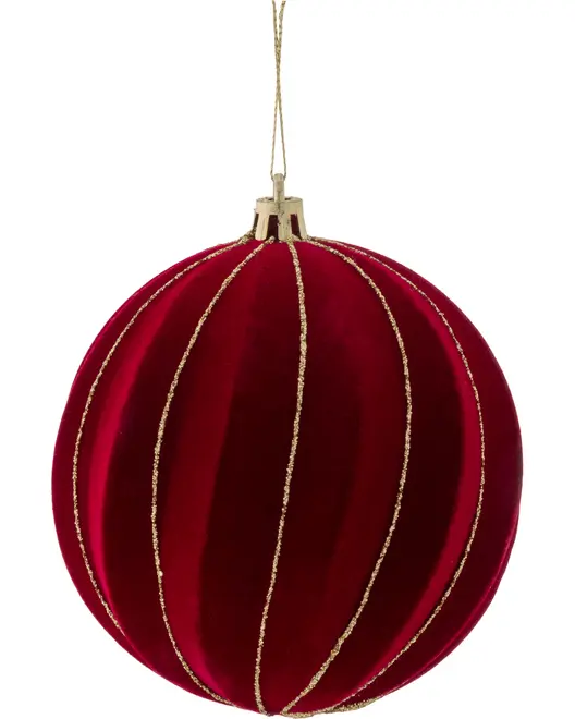 Rød fløjl juletræskugle med guldfarvede glimmerstriber, guldfatning og ophængssnor. Elegant og blød tekstur, klassisk og festlig dekoration til juletræet.