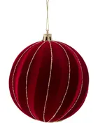 Rød fløjl juletræskugle med guldfarvede glimmerstriber, guldfatning og ophængssnor. Elegant og blød tekstur, klassisk og festlig dekoration til juletræet.
