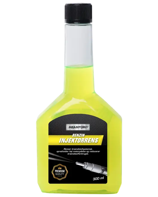 Branford bensin insprutningsrengöring, 300 ml flaska med svart lock, gul vätska. Rengör bränslesystem, bibehåller motoreffekt, minskar bränsleförbrukning. Premiumkvalitetsmärke på etiketten.