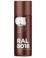 Cosmoslac premium akryl spraymaling, RAL 8016 Mahogni Brun, 400 ml dåse. Giver en dyb brun farve, egnet til forskellige overflader og projekter, med jævn finish.