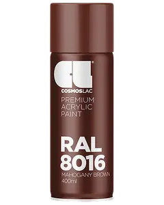 Cosmoslac premium akryl spraymaling, RAL 8016 Mahogni Brun, 400 ml dåse. Giver en dyb brun farve, egnet til forskellige overflader og projekter, med jævn finish.