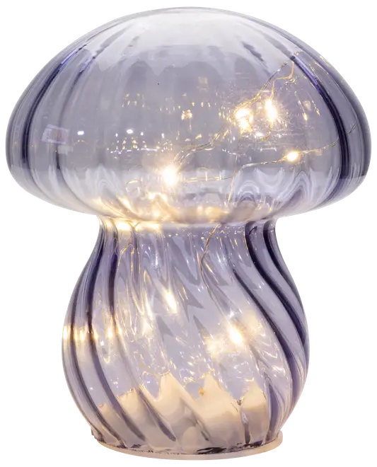 Svampeformet bordlampe i glas med lilla nuancer og indbyggede varme LED-lyskæder indeni. Giver et blødt, stemningsfuldt lys. Moderne dekorativ belysning til hjemmet.