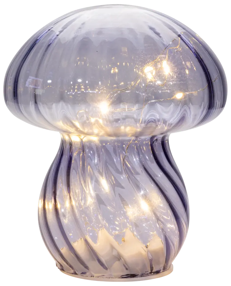 Svampeformet bordlampe i glas med lilla nuancer og indbyggede varme LED-lyskæder indeni. Giver et blødt, stemningsfuldt lys. Moderne dekorativ belysning til hjemmet.