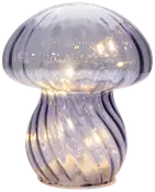 Svampeformet bordlampe i glas med lilla nuancer og indbyggede varme LED-lyskæder indeni. Giver et blødt, stemningsfuldt lys. Moderne dekorativ belysning til hjemmet.