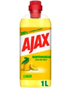 Ajax Mediterranean Lemon rengøringsmiddel, 1 liters flaske med rød låg. Citronsmag, lover 100% rengøringseffekt, egnet til blanke og friske overflader.