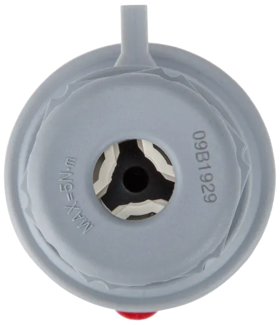 Rundt gråt plastik oliefilterlåg med centralt hul, momentangivelse "MAX=5N.m" og serienummer "09B1929" trykt på overfladen, designet til sikker fastgørelse på filtre.