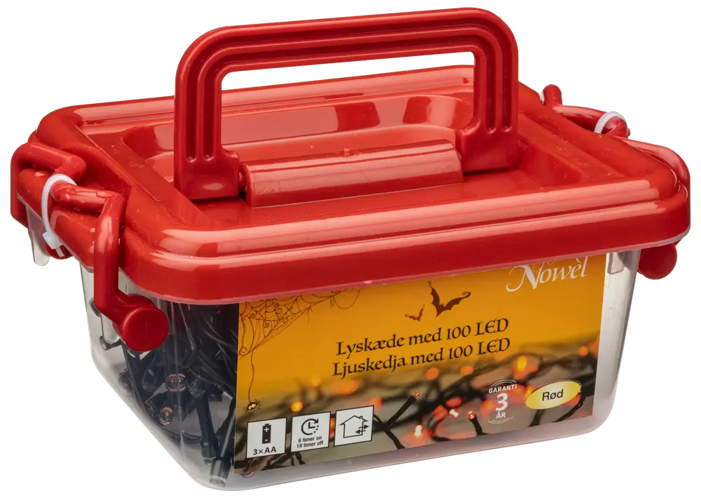 Låda med 100 röda LED-ljusslingor, batteridriven, för inomhus- och utomhusbruk. Levereras i klar plastbehållare med rött lock och bärhandtag.