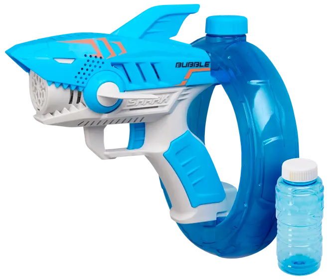 Blå hajformet boblepistol med ergonomisk håndtag, stor cirkulær boblebeholder og medfølgende flaske boblevæske. Nem at bruge og laver mange bobler ad gangen.