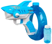 Blå hajformet boblepistol med ergonomisk håndtag, stor cirkulær boblebeholder og medfølgende flaske boblevæske. Nem at bruge og laver mange bobler ad gangen.