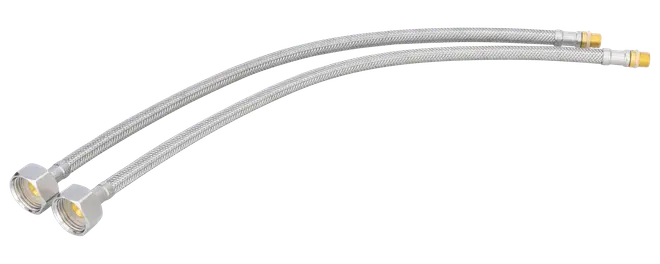 Par flexibla slangar i rostfritt stål med sexkantiga kopplingar i ena änden och gängade anslutningar i andra, lämpliga för vattenanslutning till apparater eller armaturer.