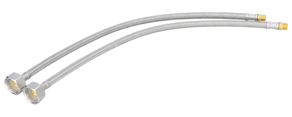 Sæt af to fleksible flettede slanger i rustfrit stål med sekskantede fittings i den ene ende og gevindforbindelser i den anden, velegnet til vandtilslutning.