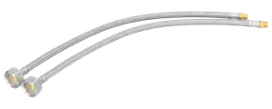 Sæt af to fleksible flettede slanger i rustfrit stål med sekskantede fittings i den ene ende og gevindforbindelser i den anden, velegnet til vandtilslutning.