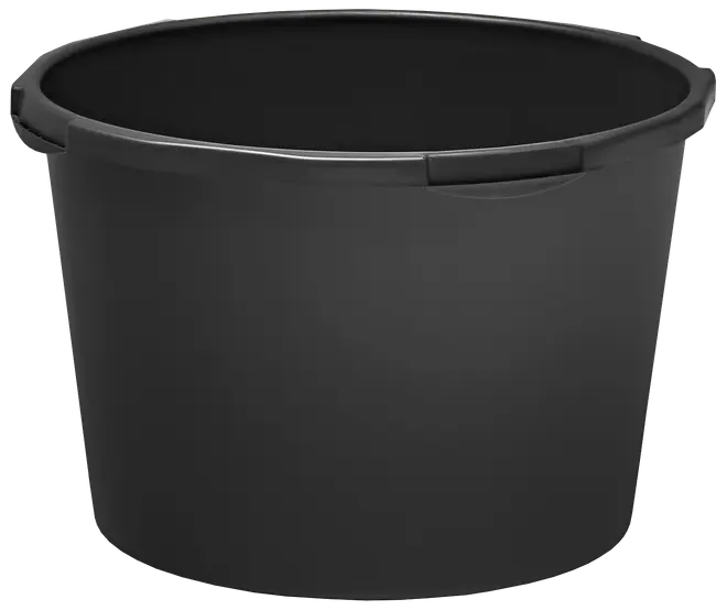 Stor, rund sort plastbalje med forstærket kant og to sidehåndtag. Velegnet til opbevaring, blanding eller transport. Holdbar og let til husholdning eller havebrug.