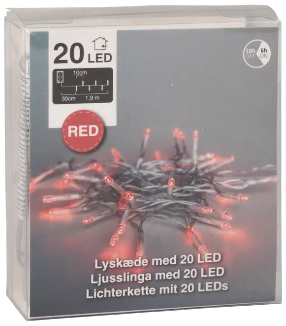 Ljusslinga med 20 röda LED-lampor, 1,9 meter lång, 10 cm mellan lamporna. För inomhusbruk, med timerfunktion, batteridriven.