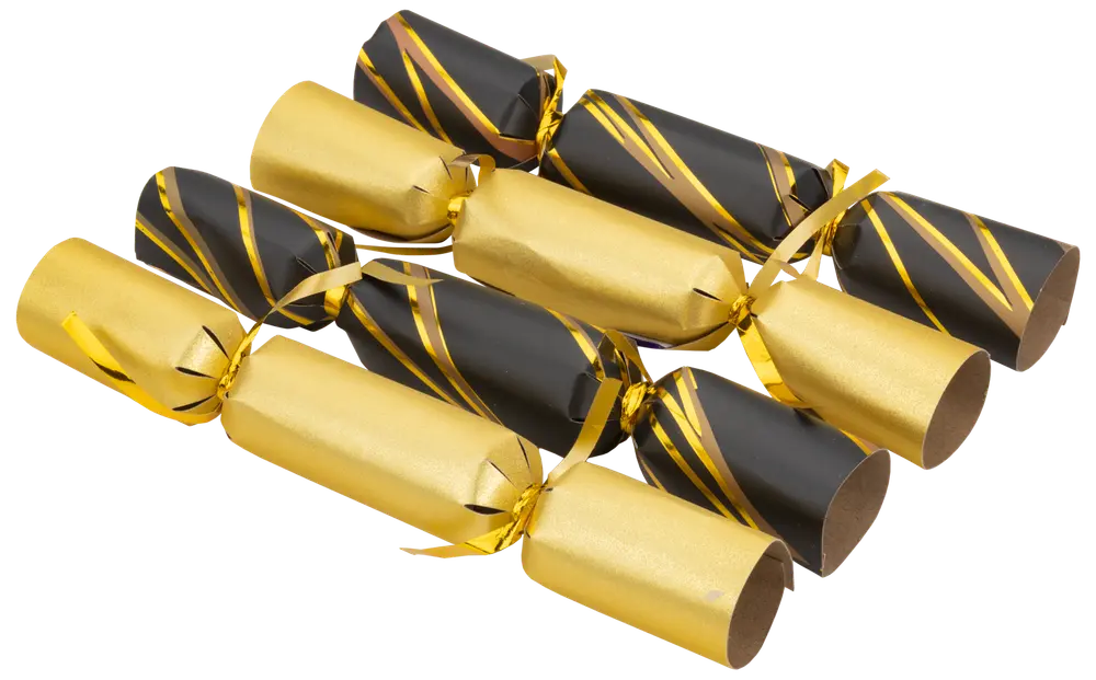 Set med sex julsmällkarameller i guld och svart med glänsande band, växlande enfärgade och randiga mönster. Perfekt för festliga dukningar och högtider.