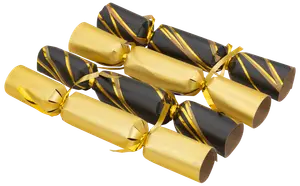 Set med sex julsmällkarameller i guld och svart med glänsande band, växlande enfärgade och randiga mönster. Perfekt för festliga dukningar och högtider.