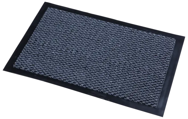 Rektangulär mörkgrå dörrmatta med texturerad yta och svart gummikant, avsedd för inomhus- eller utomhusbruk för att fånga smuts och fukt.
