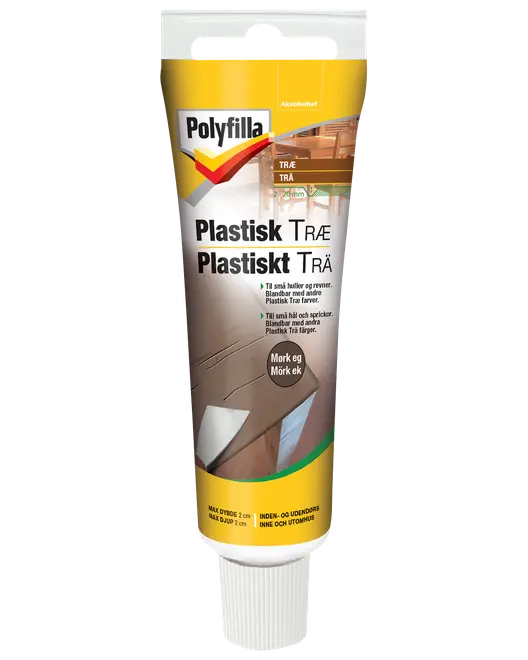 Polyfilla Plastisk Træ, mørk eg, til reparation af små huller og revner i træ. Til indendørs og udendørs brug. Maksimal dybde 2 cm.