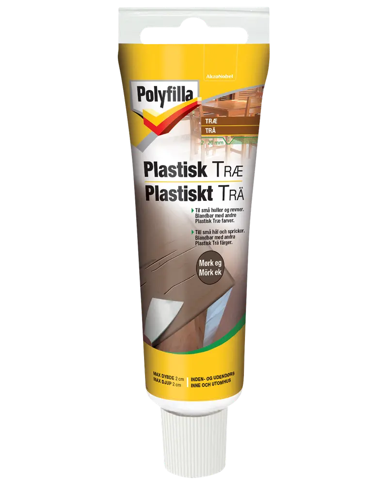 Polyfilla Plastisk Træ, mørk eg, til reparation af små huller og revner i træ. Til indendørs og udendørs brug. Maksimal dybde 2 cm.