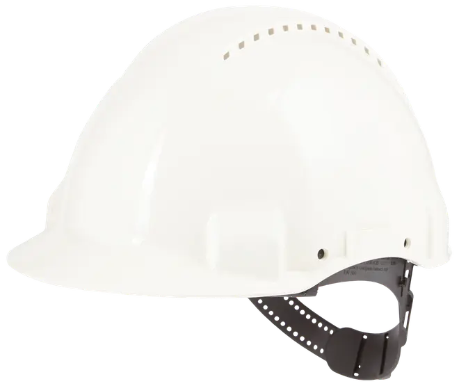 Hvid sikkerhedshjelm med ventilationshuller på toppen, justerbart sort hovedbånd og solid skygge. Velegnet til bygge- eller industrimiljøer.