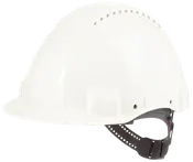 Hvid sikkerhedshjelm med ventilationshuller på toppen, justerbart sort hovedbånd og solid skygge. Velegnet til bygge- eller industrimiljøer.