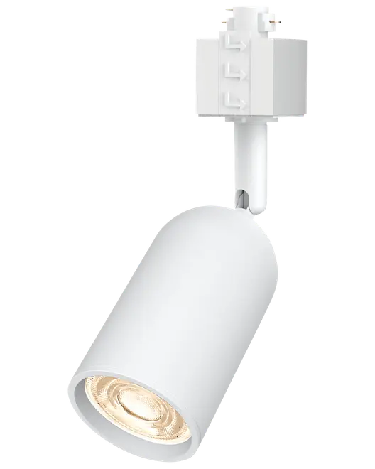 Moderne hvidt skinnespots med cylindrisk justerbart hoved, integreret LED-pære og stilrent design. Velegnet til accent- eller arbejdsbelysning i hjem, kontor eller butik.
