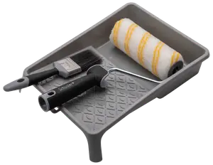 Malersæt med grå plastbakke, malerrulle med hvid og gul betræk samt flad pensel med sort håndtag, ideel til hjemmeprojekter.