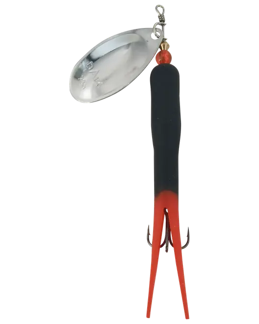 Fiskespinner med sølvfarvet ovalt blad, sort og rød krop samt to røde gummihaler. Designet til at tiltrække fisk med reflekterende og levende farver.