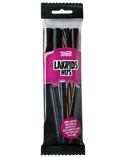 Tom’s Lakrids Hits pose med assorterede sorte lakridspinde og pink etiket i hænbar emballage.